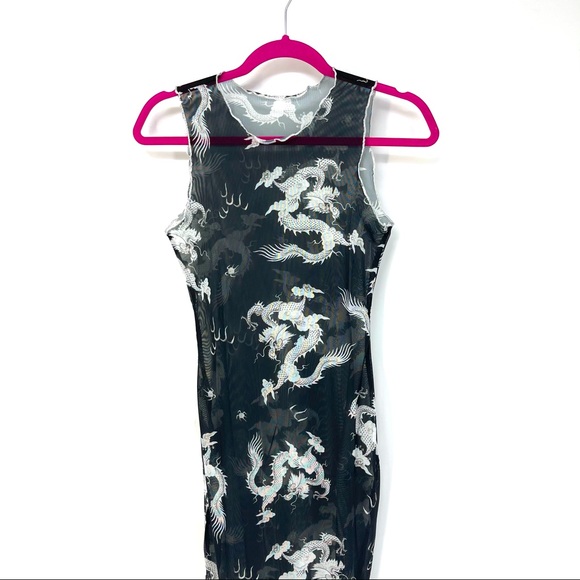 XS Black Chinese Dragon Lettuce Trim Mesh Dress - Picture 2 of 7